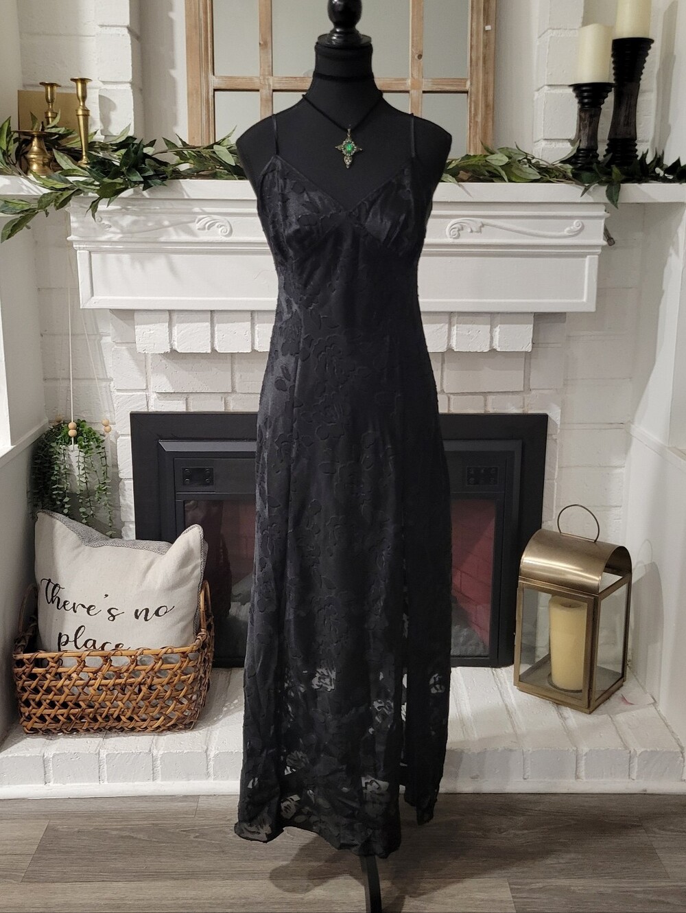 Vintage 90s Gold Label Victoria's Secret Black Burnout Floral Maxi Slip Dress M - Picture 2 of 8